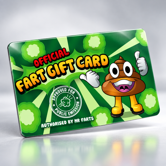 A novelty gift card with a green background and cartoon Mr Farts character, labeled 'OFFICIAL FART GIFT CARD' with a circular 'Approved for Public Emission' seal.