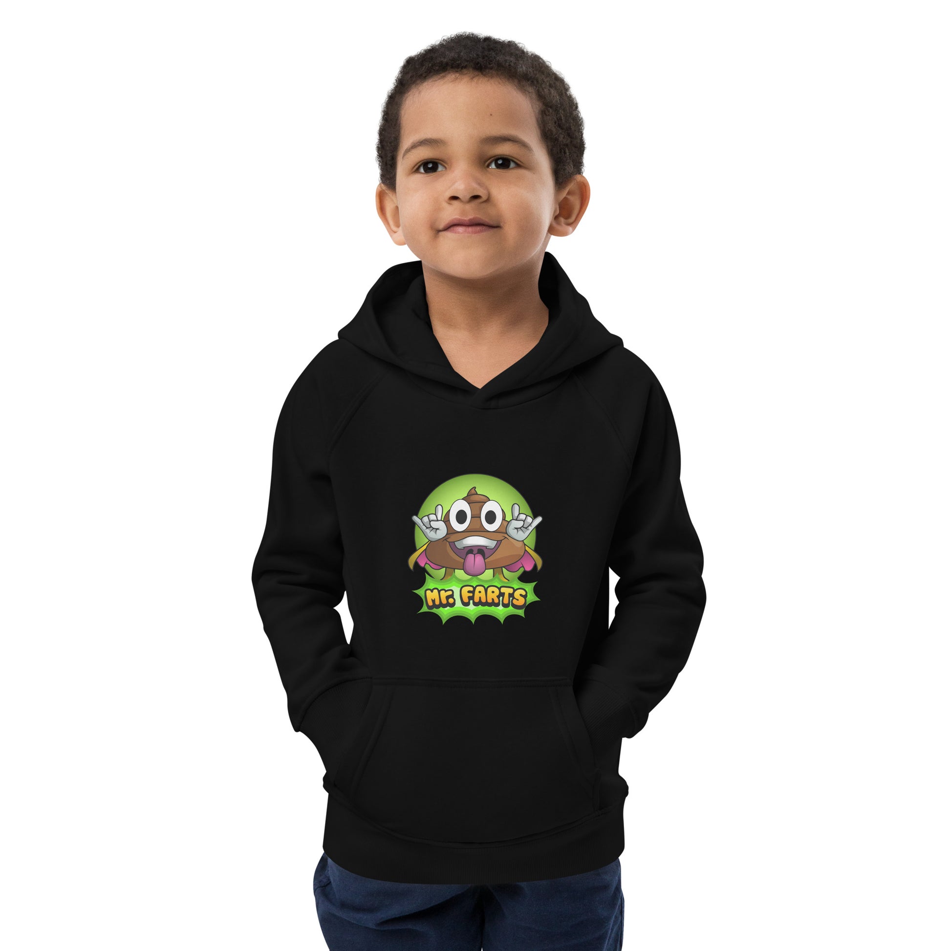 Detail of print Mr Farts kids black hoodie face on with the camera 