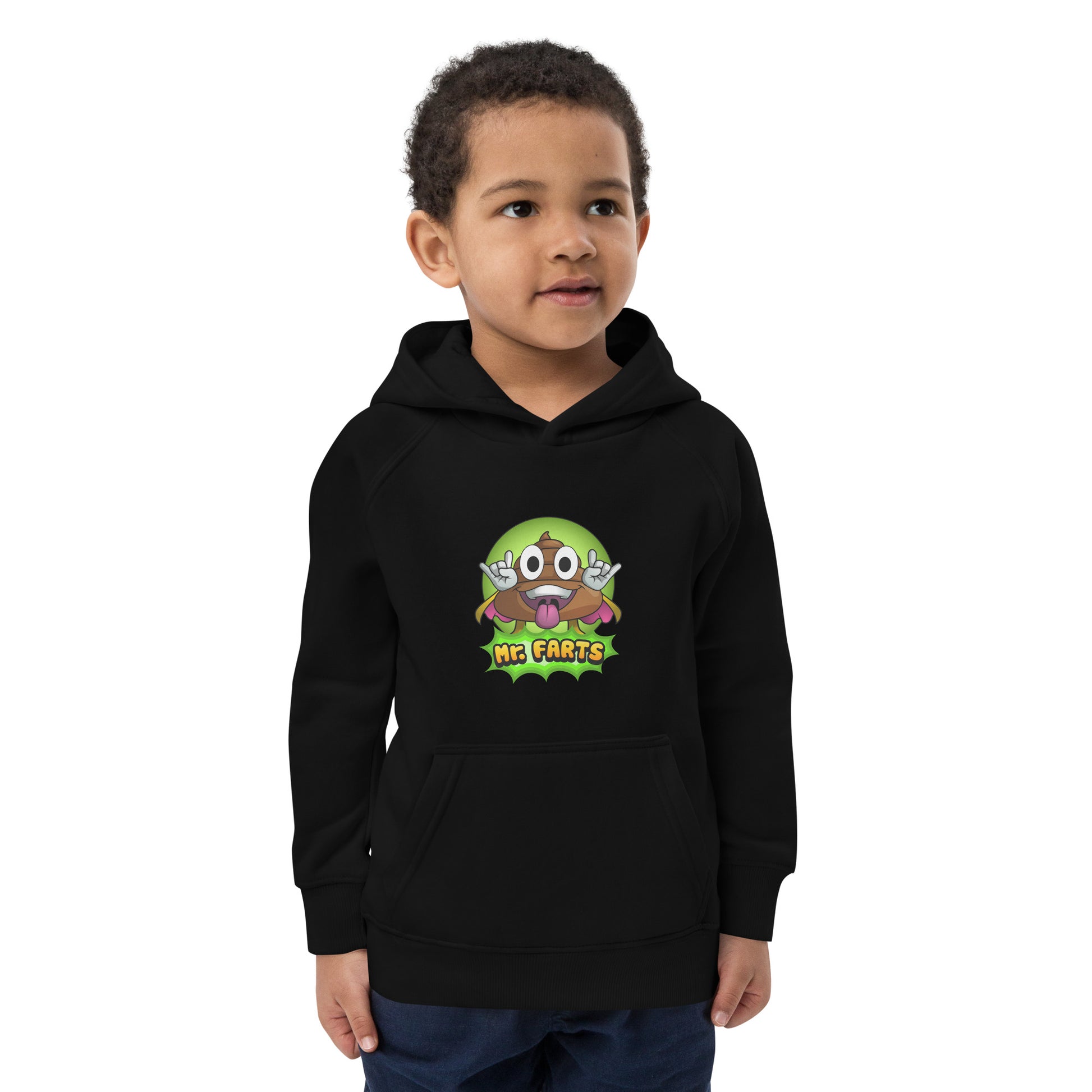 Front view of Mr Farts hoodie showing hood, cuffs and print in black 