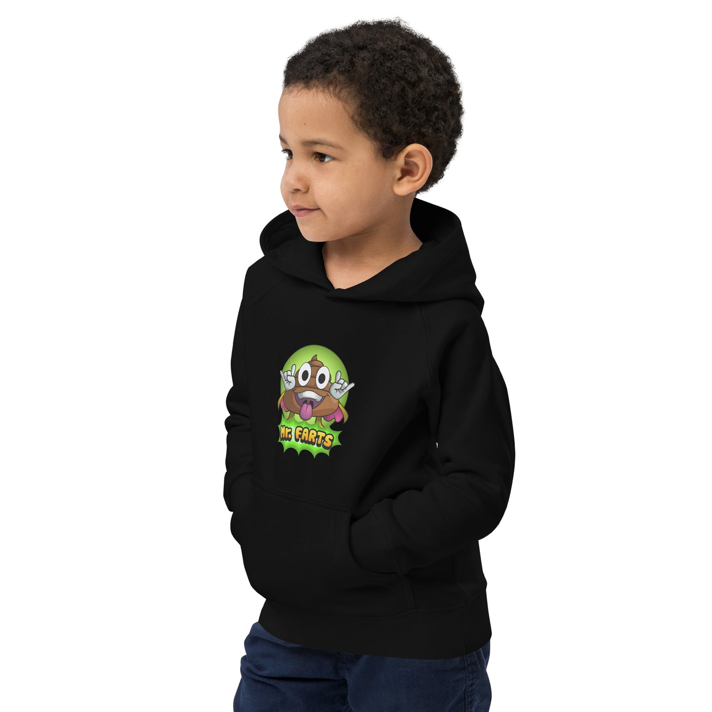 Smiling child wearing black Mr Farts hoodie with jeans