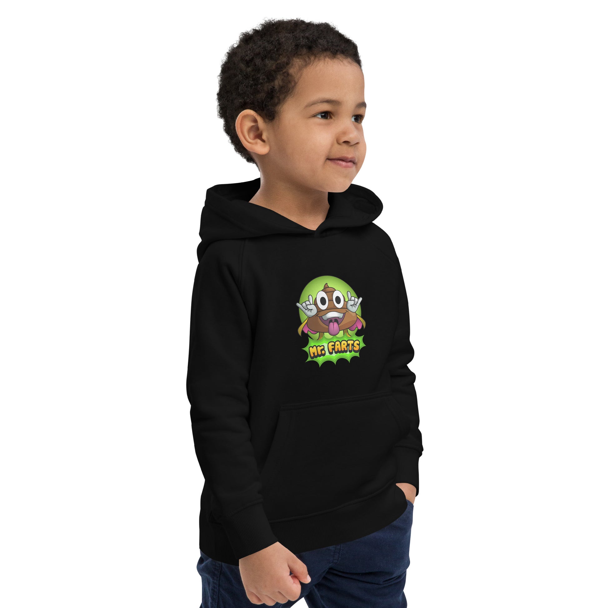 Mr Farts hoodie black, showing soft organic fabric and mr farts print, looking to models left. 