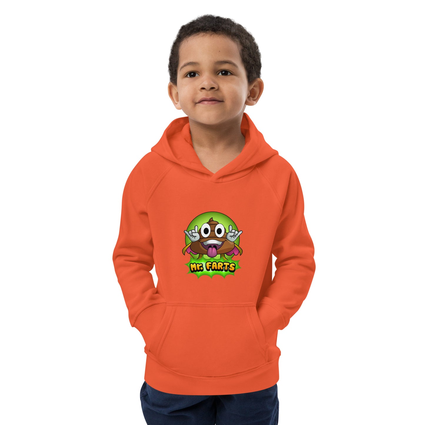 Eco-friendly fabric on Mr Farts hoodie burnt orange