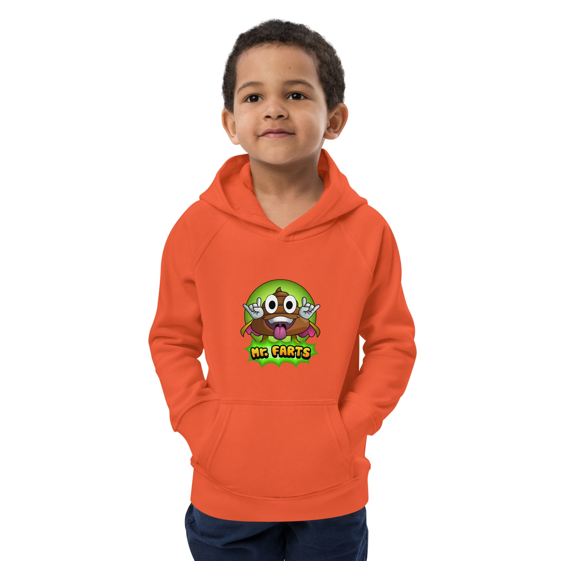 Eco-friendly fabric on Mr Farts hoodie burnt orange