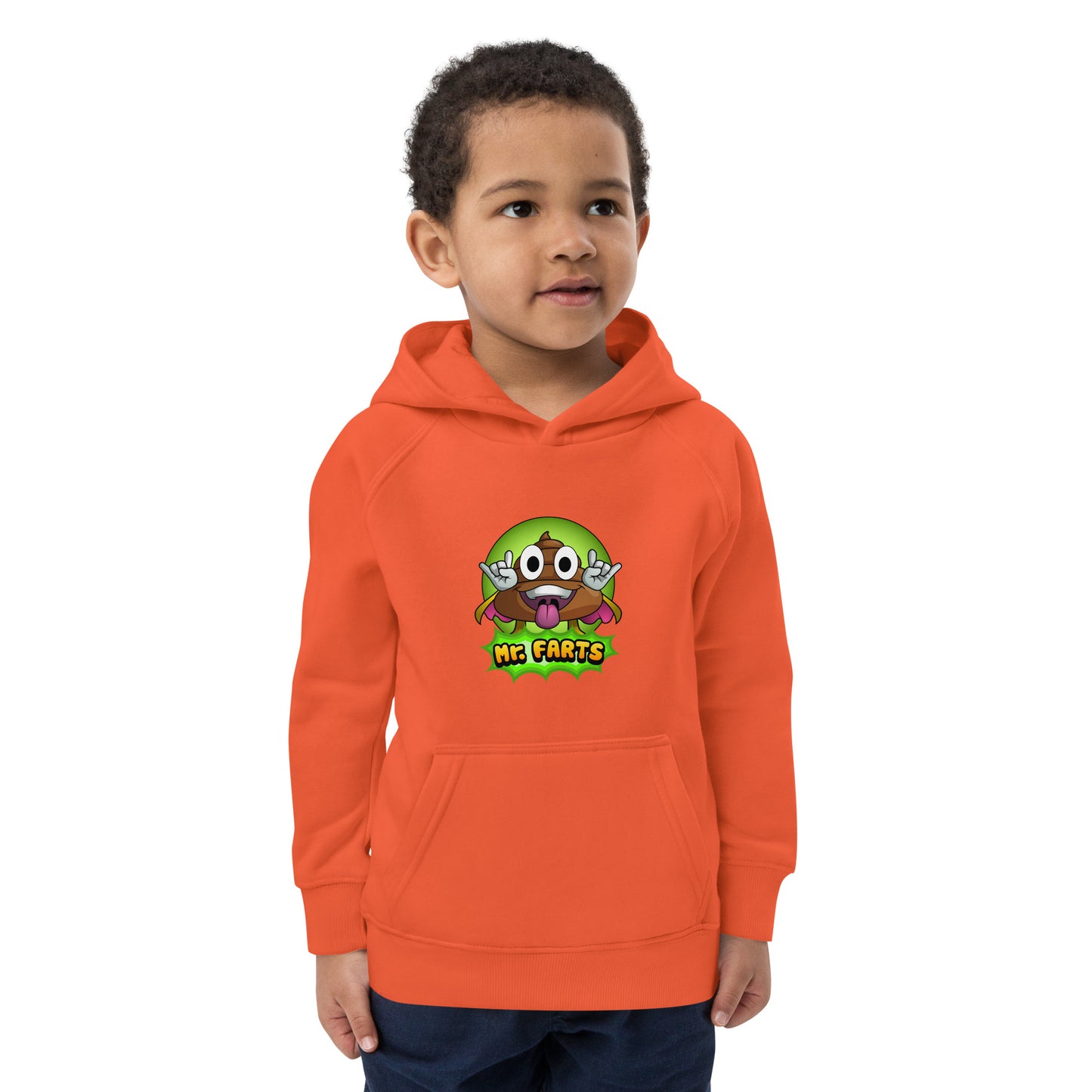 Side angle showing hoodie fit on child, Mr Farts print visible on burnt orange eco hoodie 