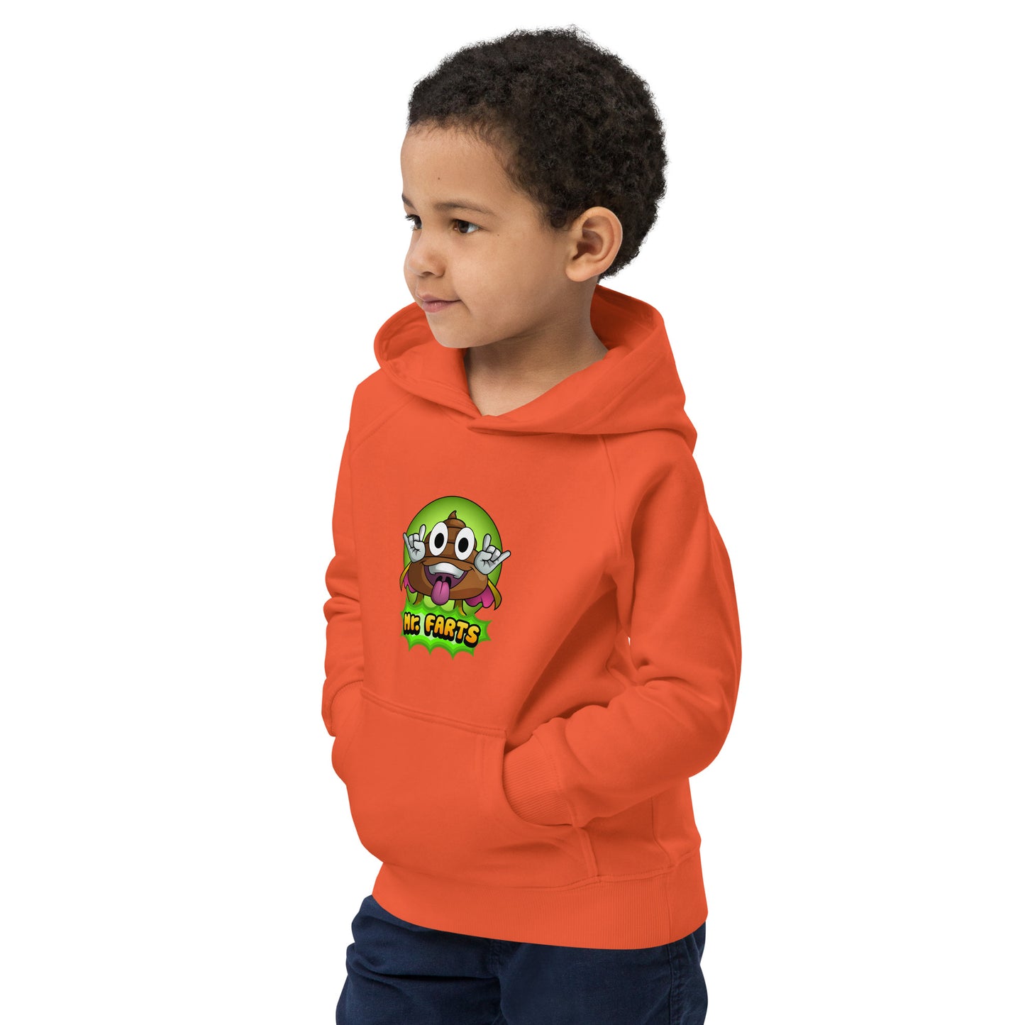 Child facing to his right in Mr Farts print burnt orange hoodie 