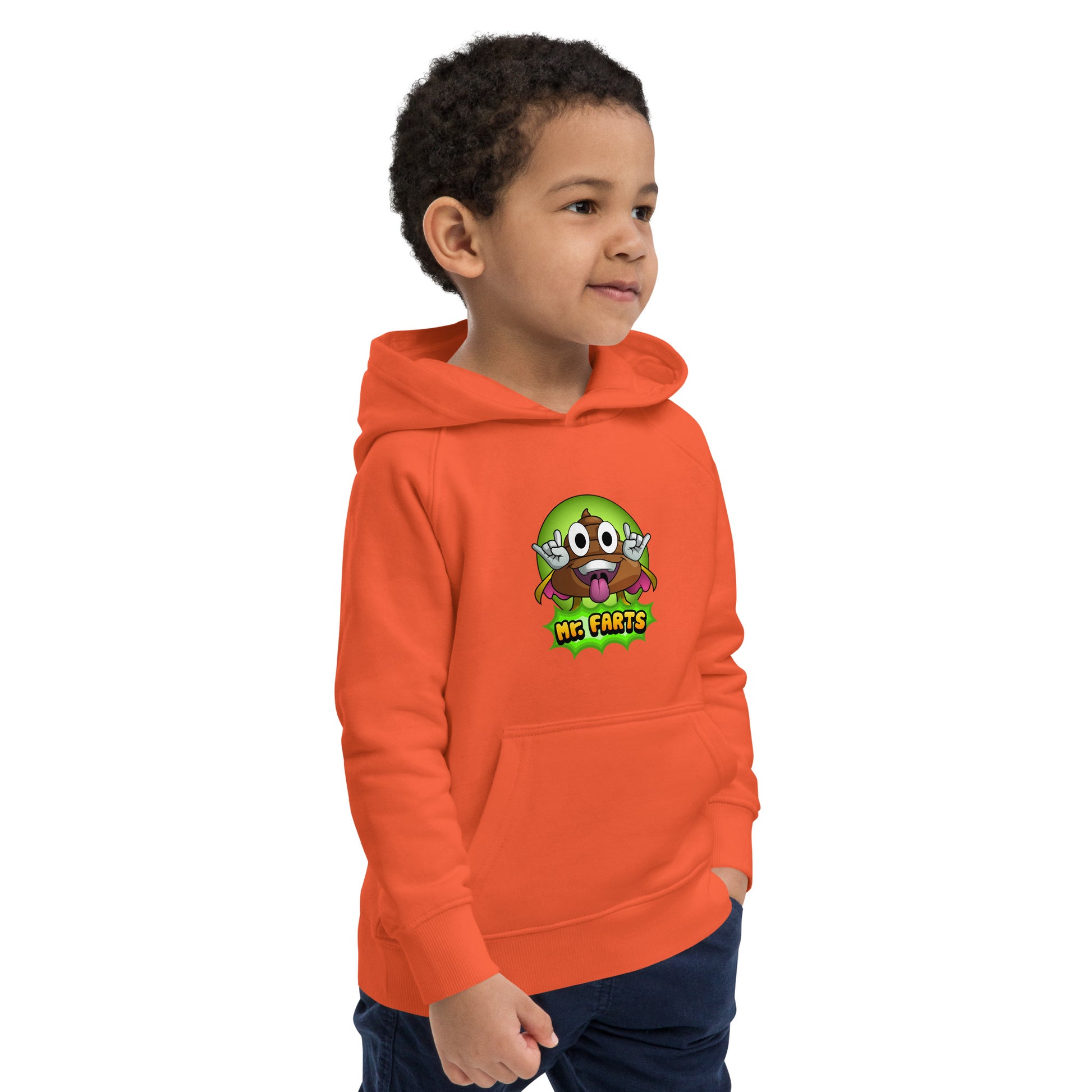 Child with burnt orange hoodie smiling in Mr Farts design

