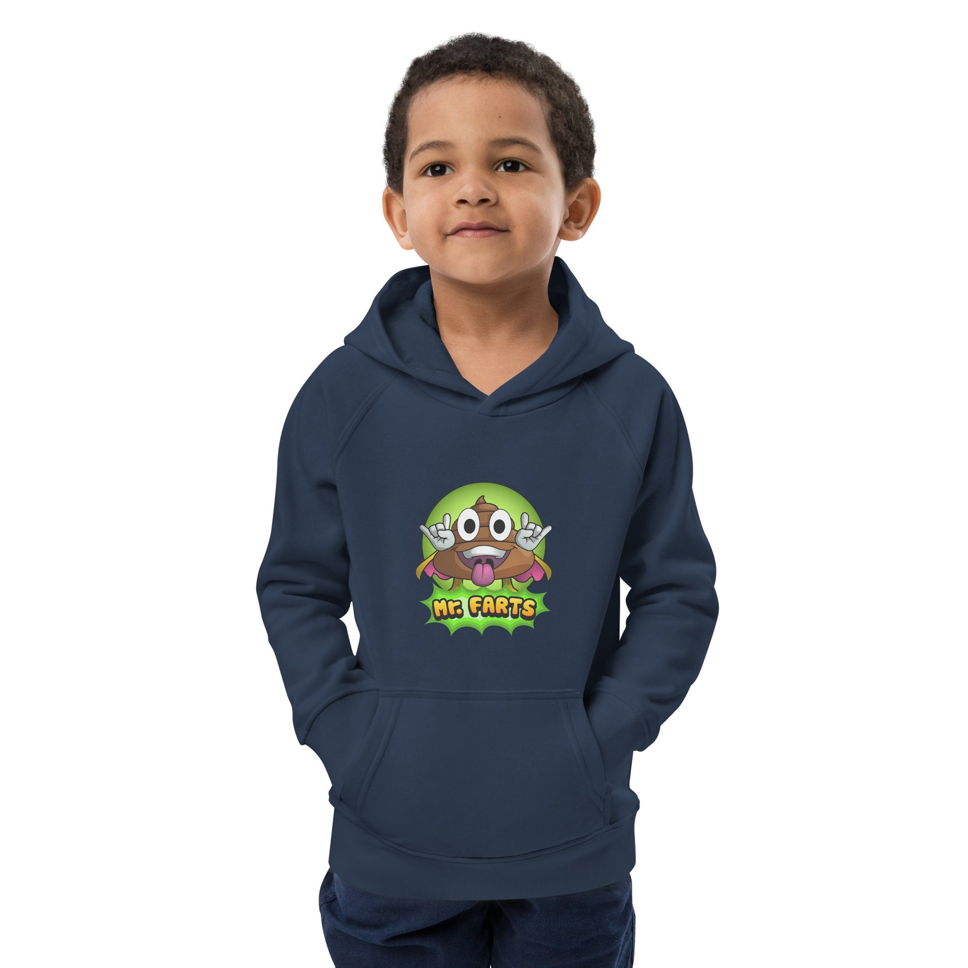 French Navy Mr Farts hoodie on happy child facing camera, clearly see Mr Frats print 

