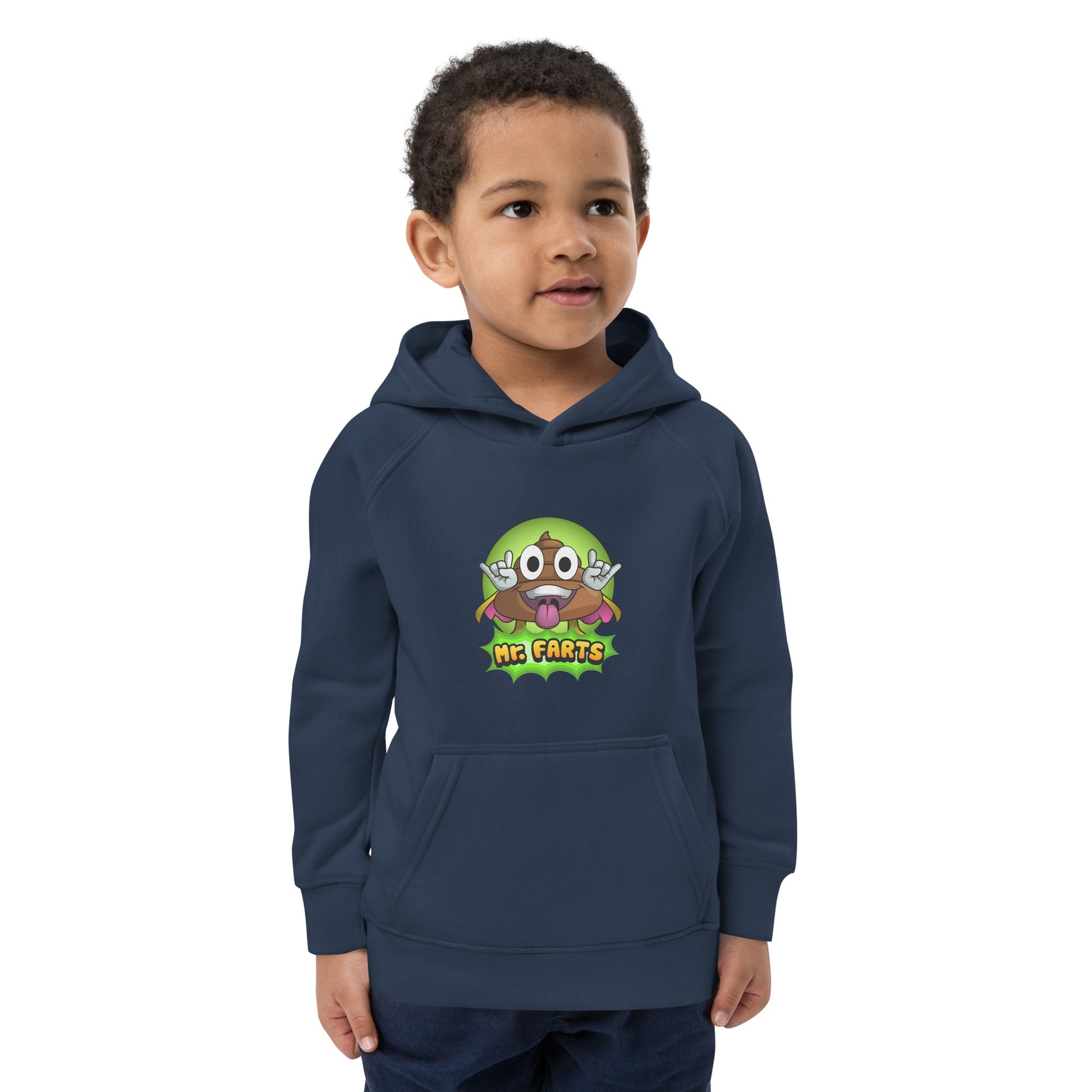 Front view of Mr Farts kids eco hoodie with cartoon print in navy 