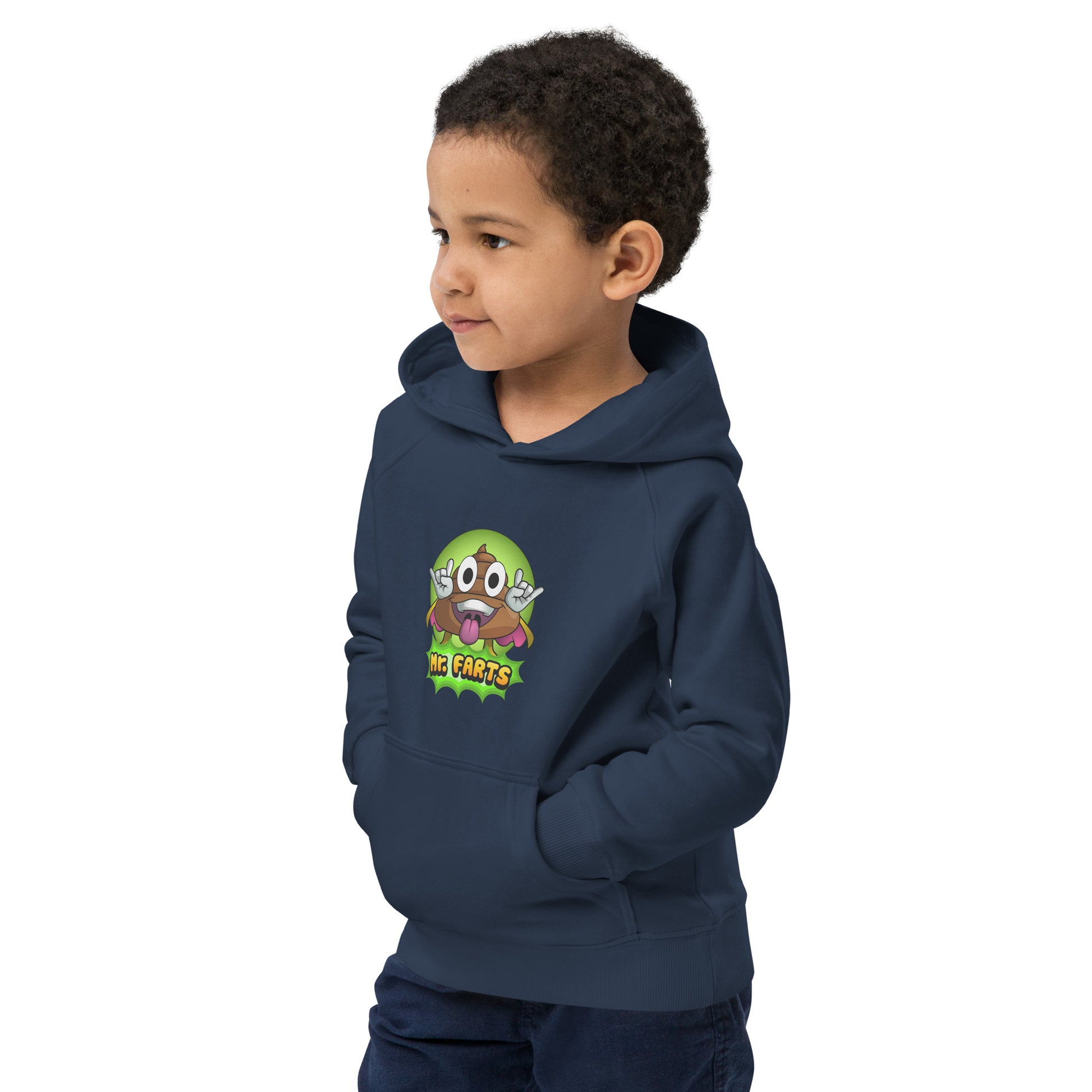 Child wearing Mr Farts hoodie navy, hands in front pocket