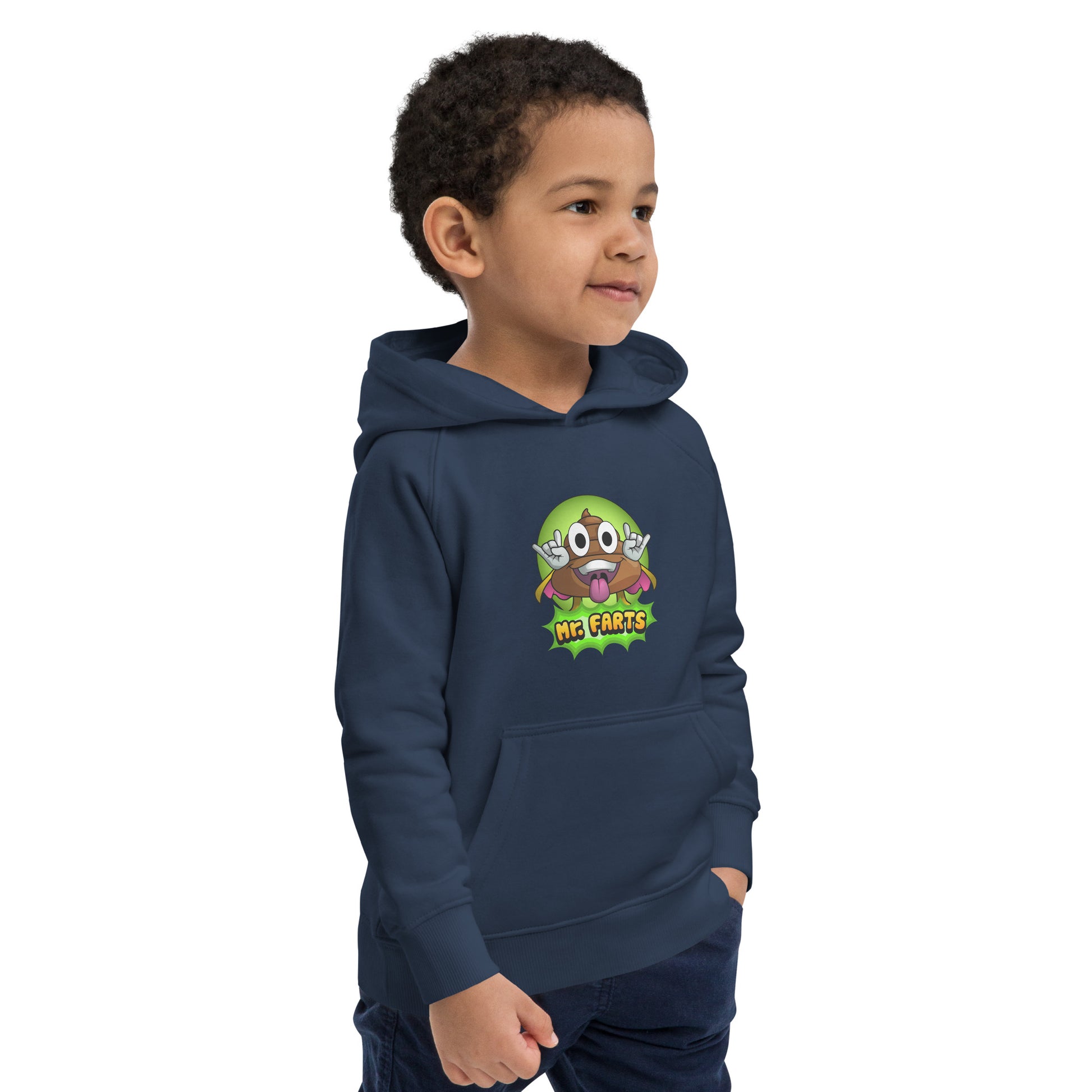 Close up of Mr Farts design on eco-friendly kids hoodie french navy, looking to models left 