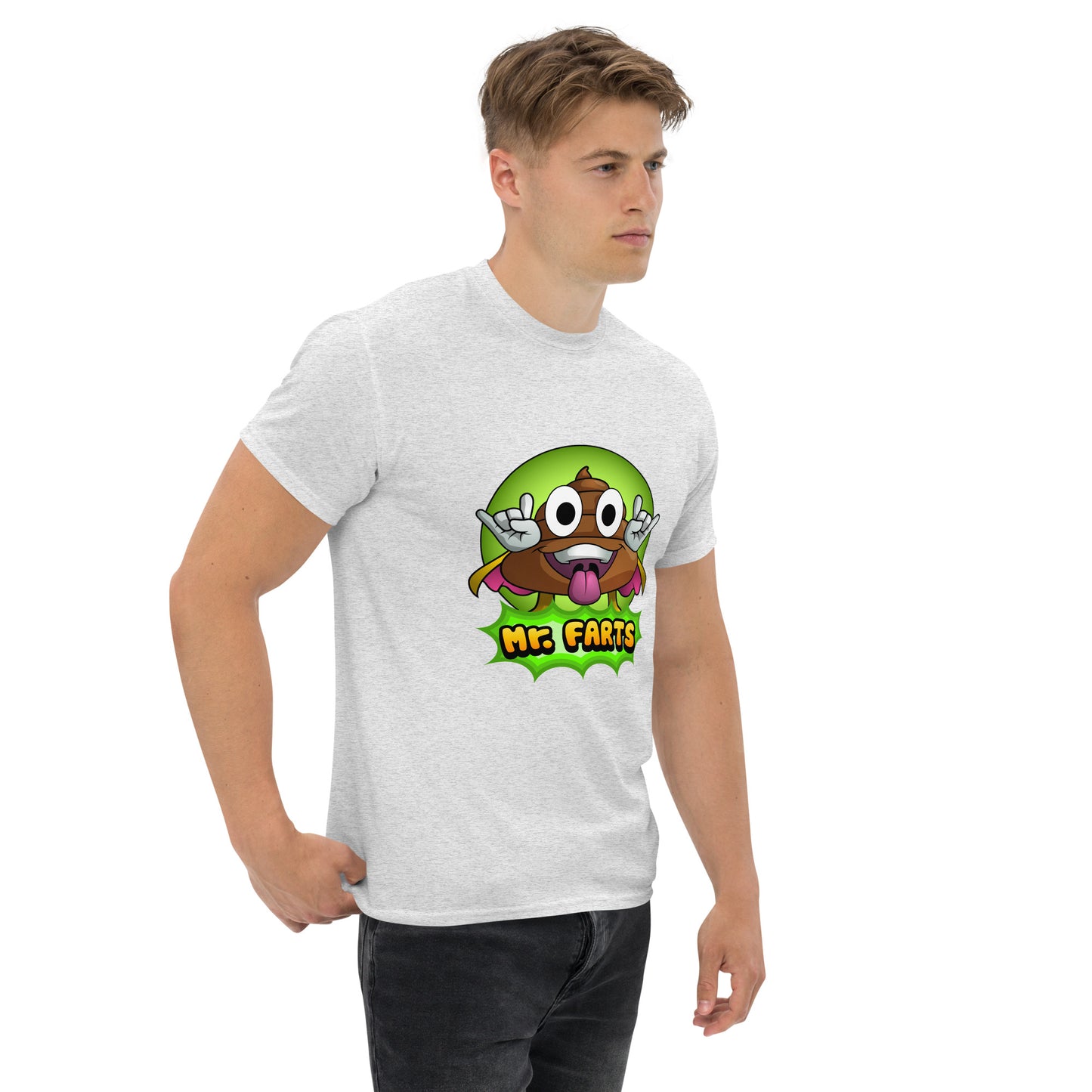 Right angled view of Mr Farts t-shirt in ash