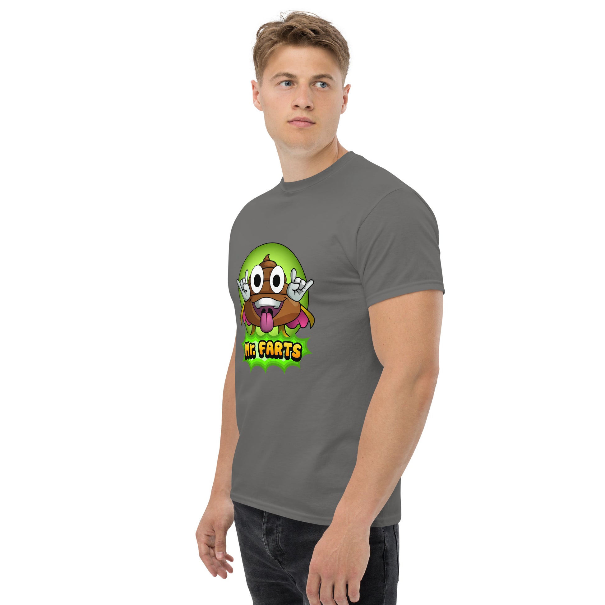 Left angled view of Mr Farts t-shirt in charcoal