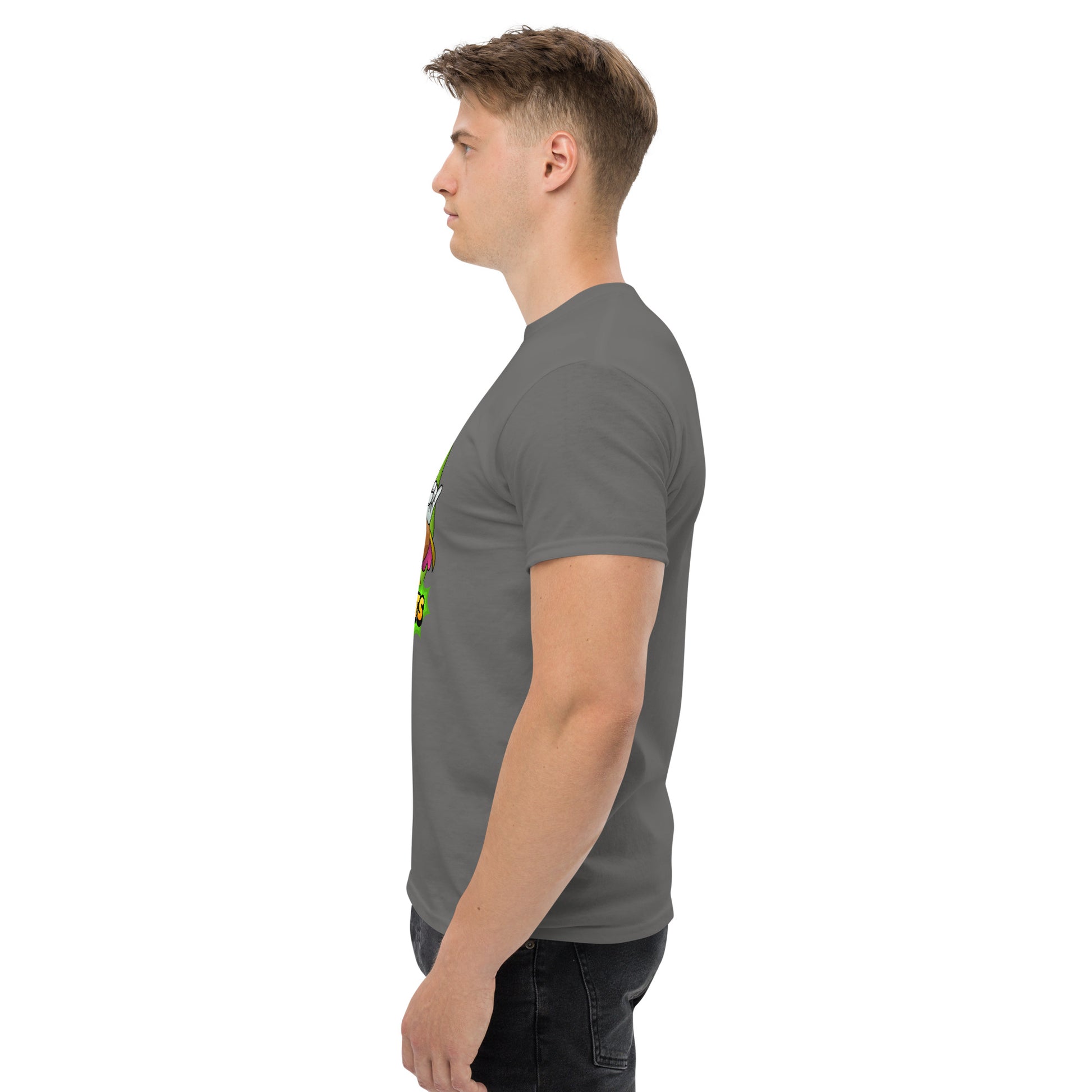 left side profile of Mr Farts t-shirt in Charcoal