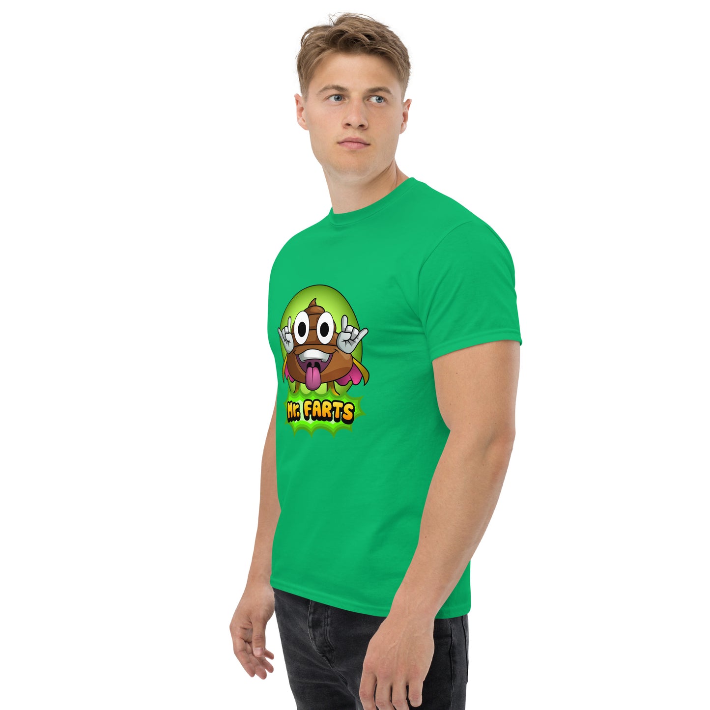 Left angled view of Mr Farts t-shirt in green