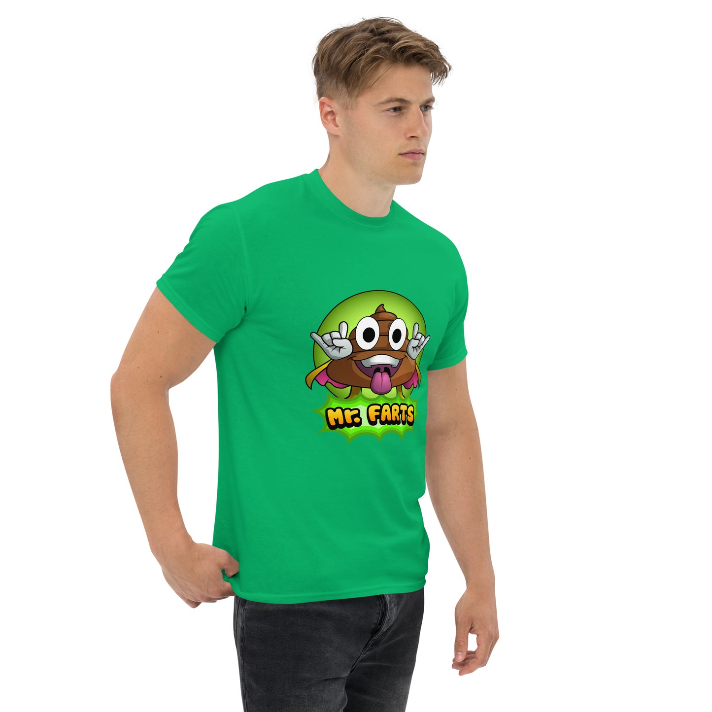 Right angled view of Mr Farts t-shirt in green