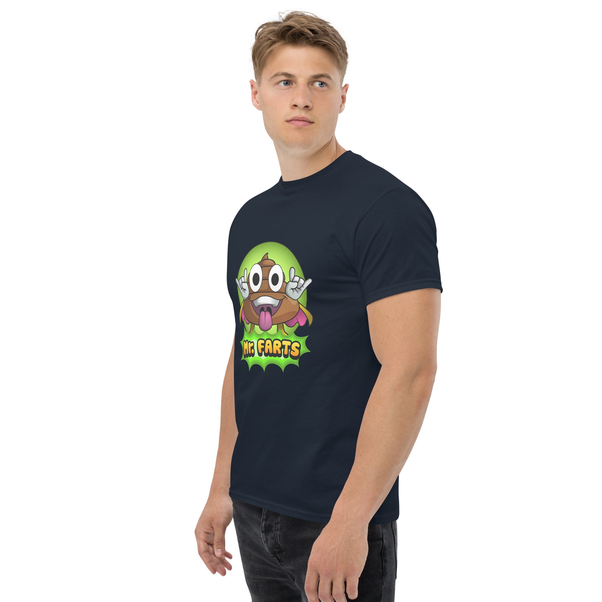 Left angled view of Mr Farts t-shirt in navy