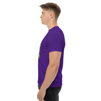 Left side profile of Mr Farts t-shirt in purple