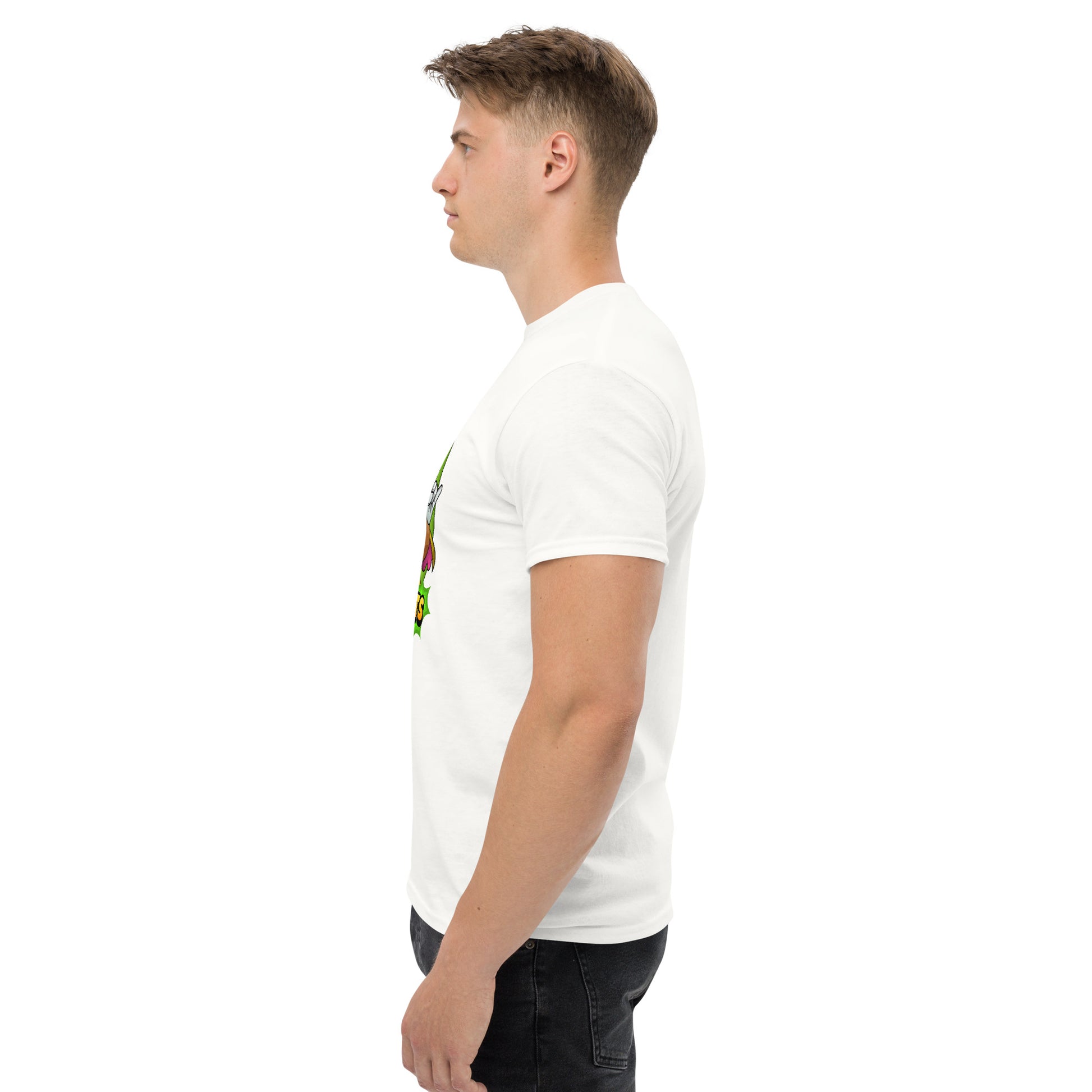 Left side profile of Mr Farts t-shirt in white