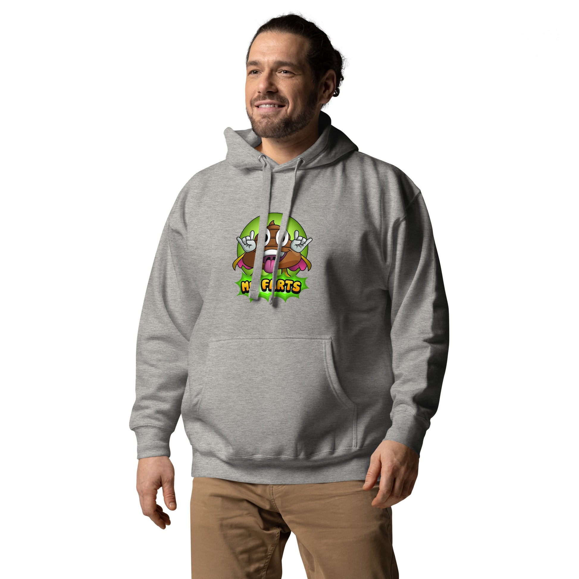 Left angled view of Mr Farts hoodie in navy