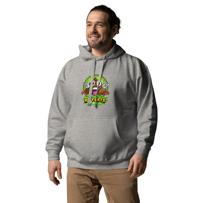 Left angled view of Mr Farts hoodie in navy