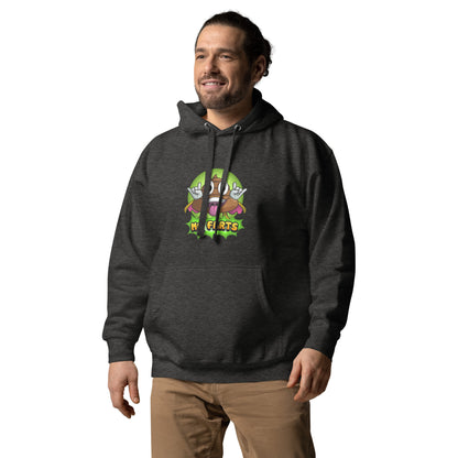 Left angled view of Mr Farts hoodie in charcoal