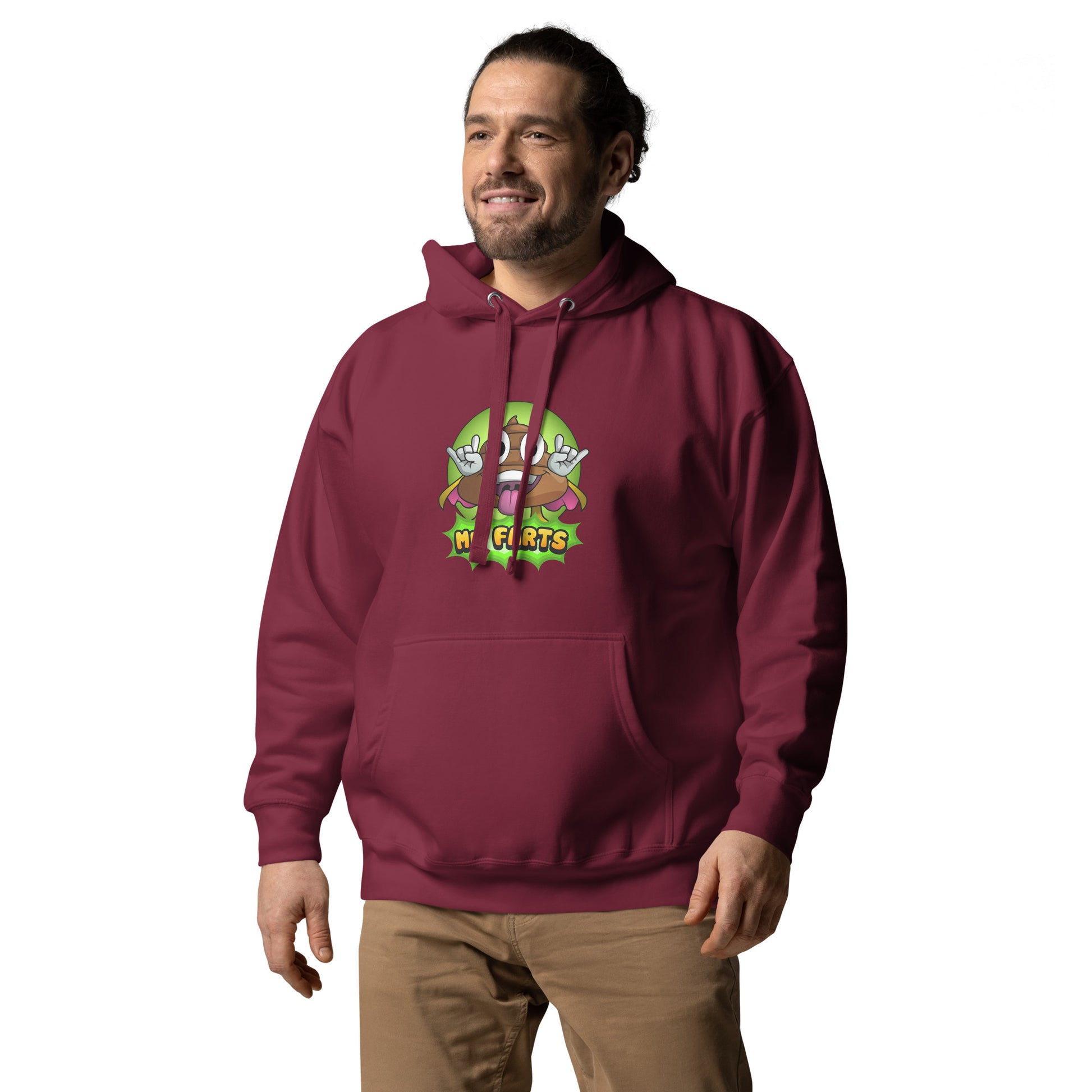 Left angled view of Mr Farts hoodie in maroon