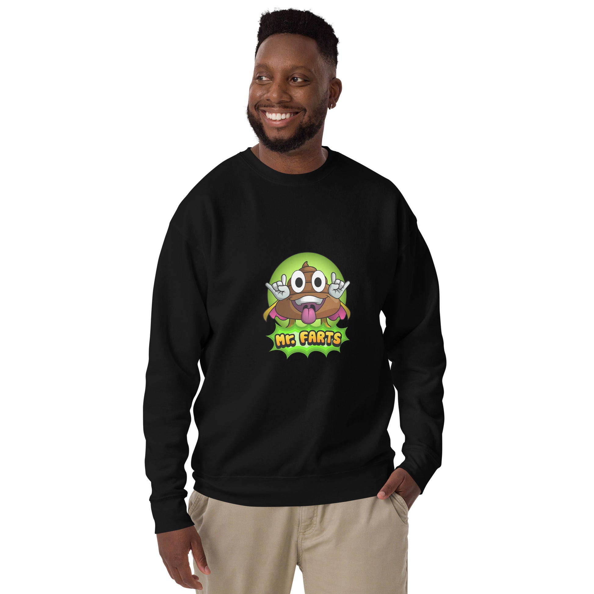 Front view of Mr Farts sweatshirt in black