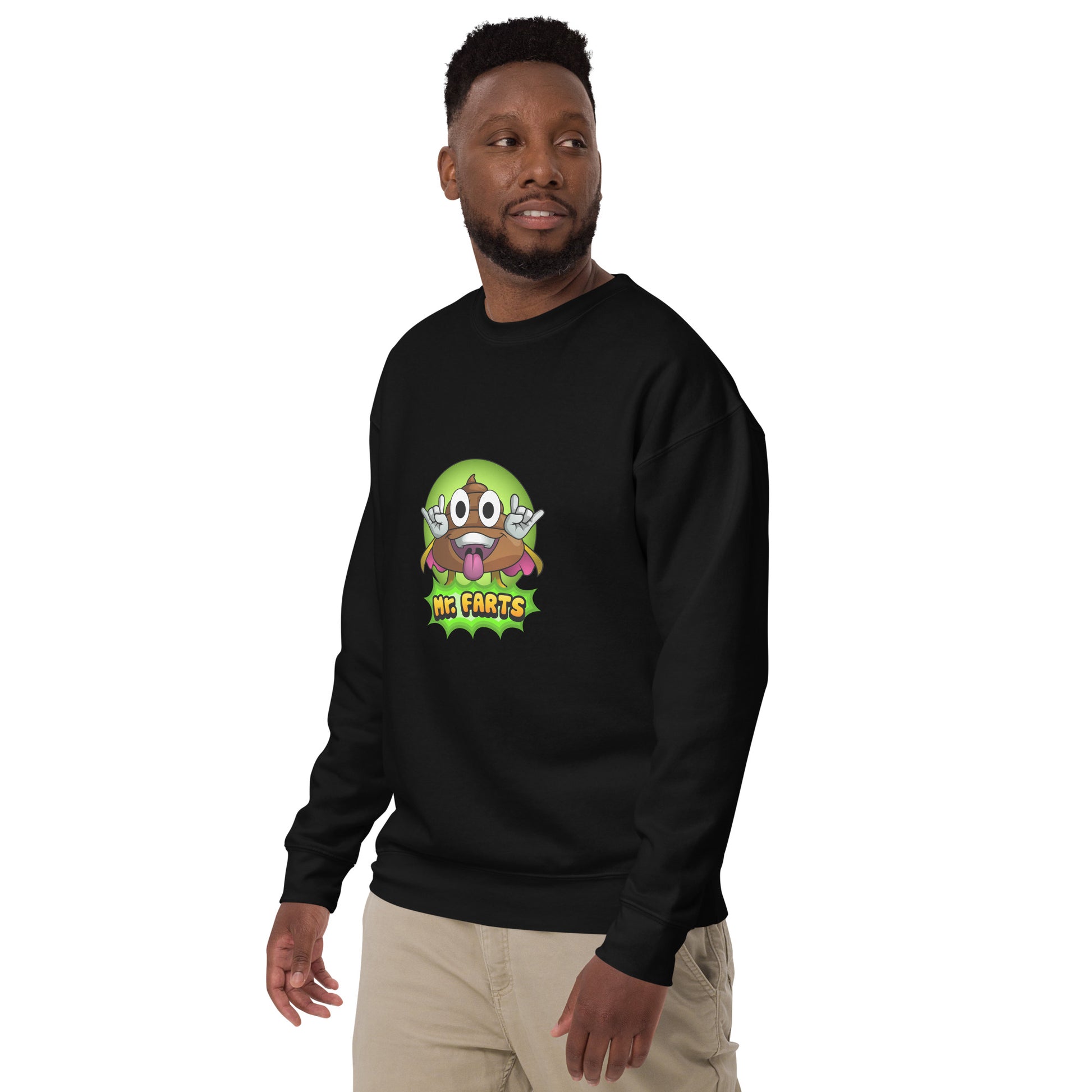 Left angle of Mr Farts sweatshirt in black