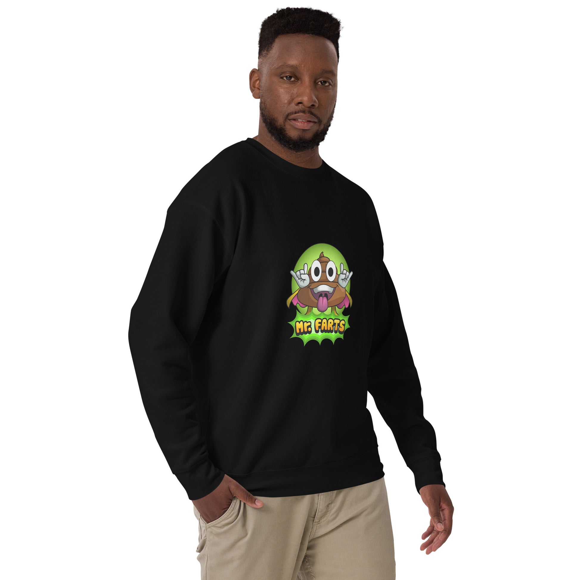 Right angle of Mr Farts sweatshirt in black