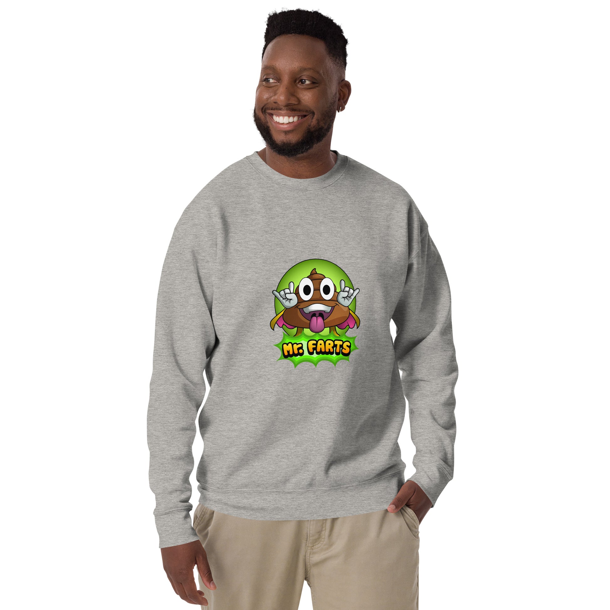 Front view of Mr Farts sweatshirt in grey