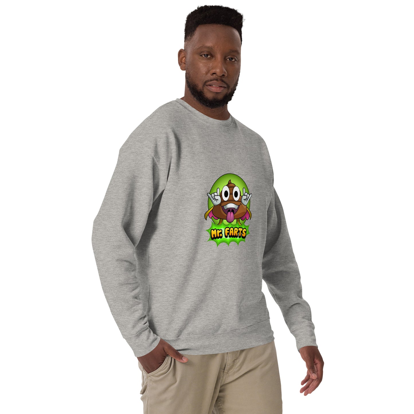 Right angle of Mr Farts sweatshirt in grey