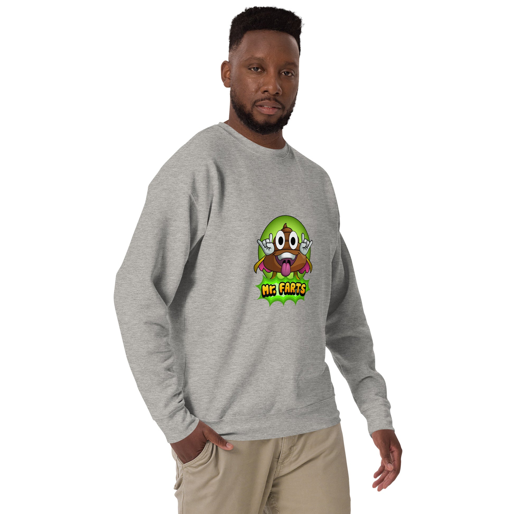 Right angle of Mr Farts sweatshirt in grey