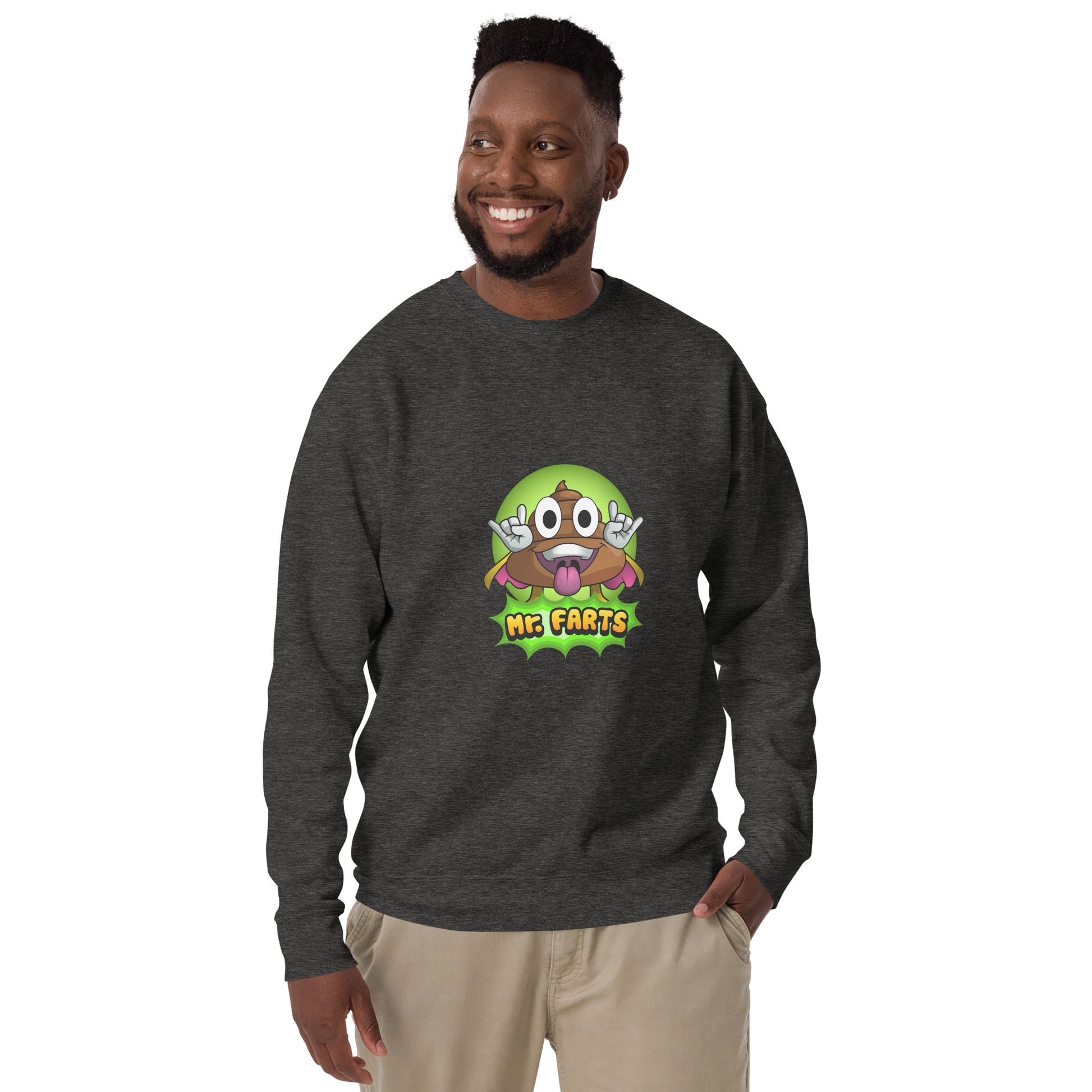 Front view of Mr Farts sweatshirt in charcoal