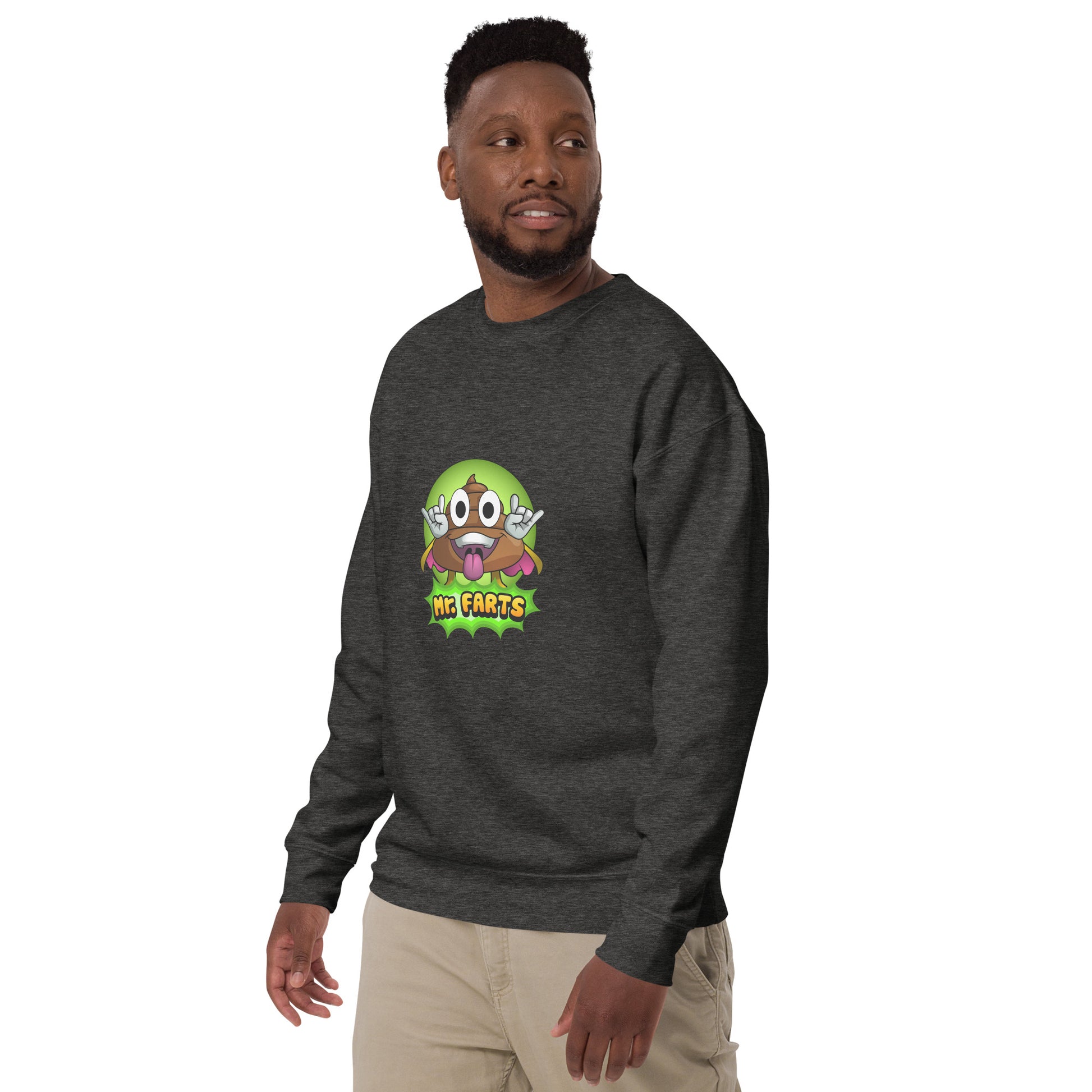 Left angle of Mr Farts sweatshirt in charcoal
