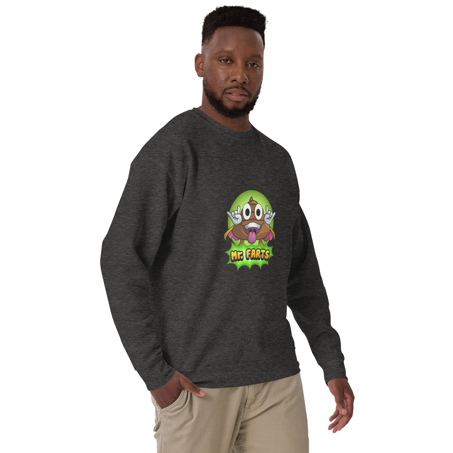Right angle of Mr Farts sweatshirt in charcoal
