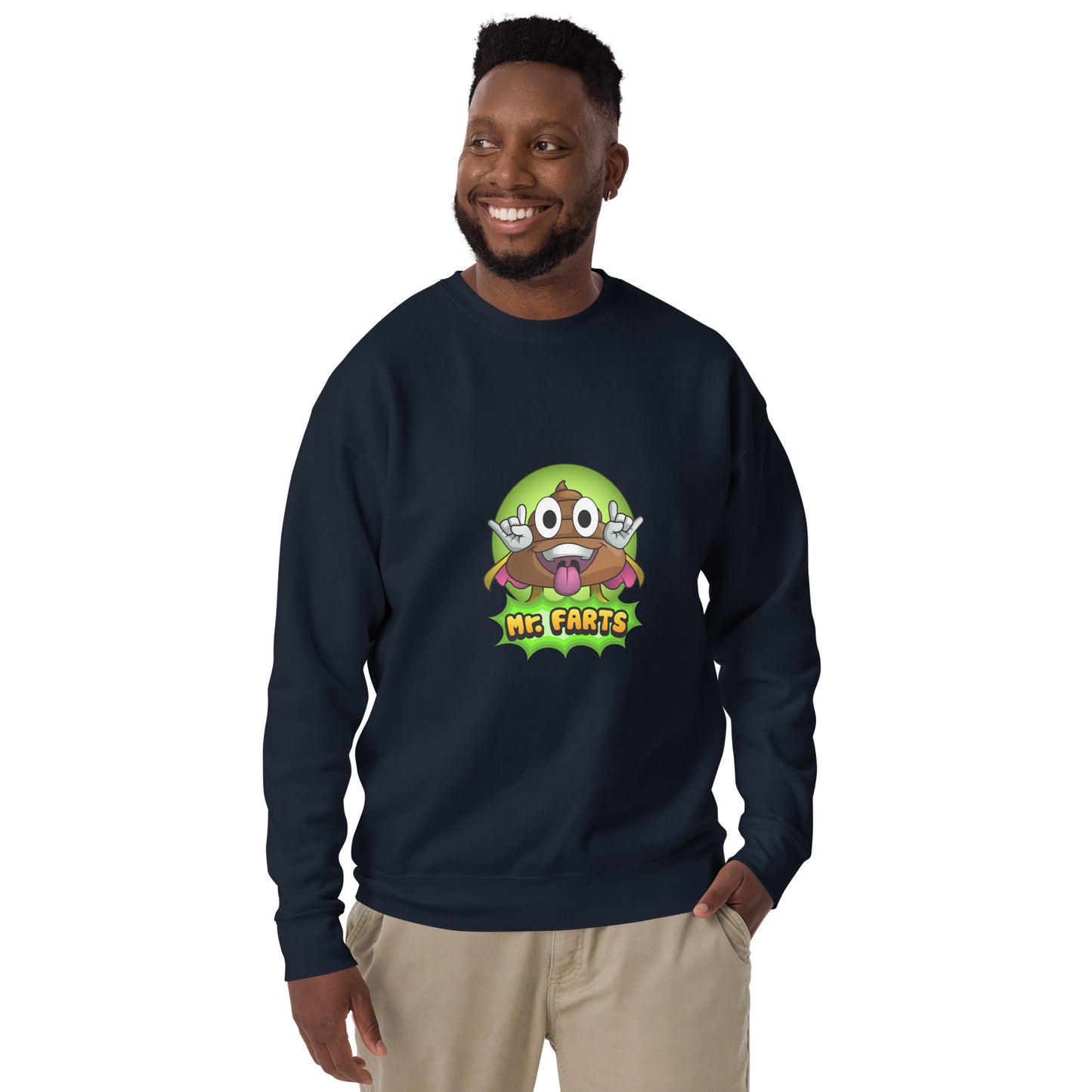 Front view of Mr Farts sweatshirt in navy blue