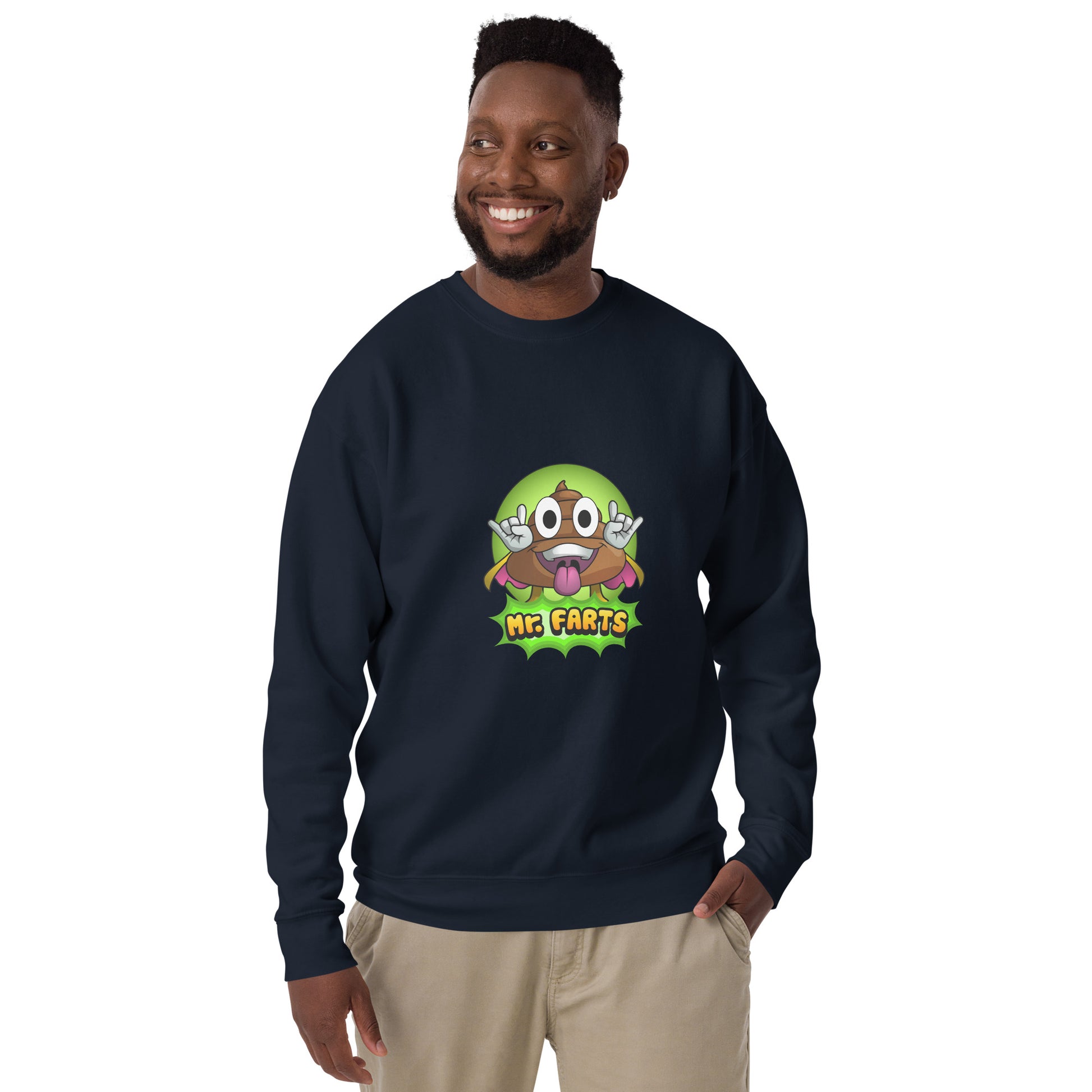 Front view of Mr Farts sweatshirt in navy blue