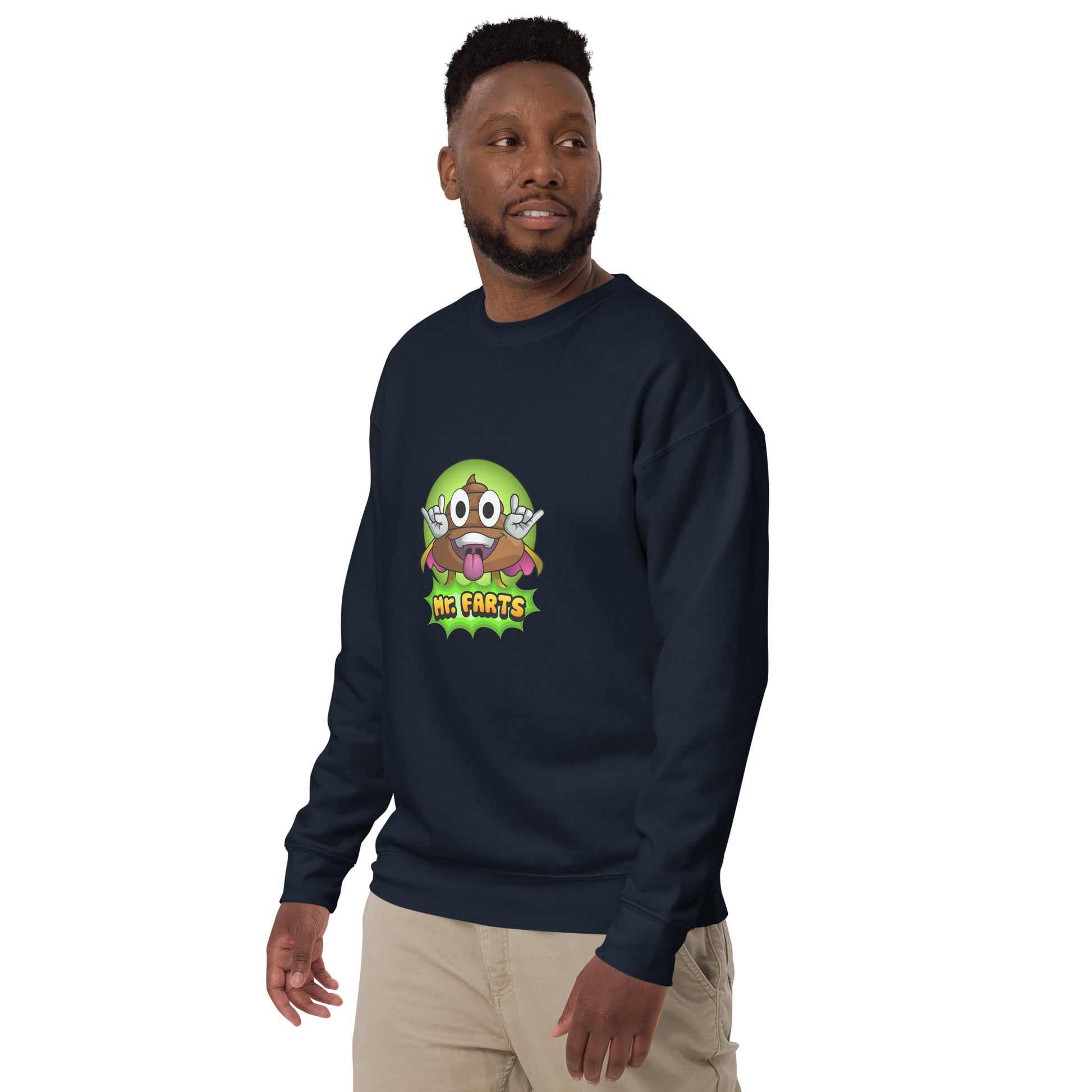 Left angle of Mr Farts sweatshirt in navy