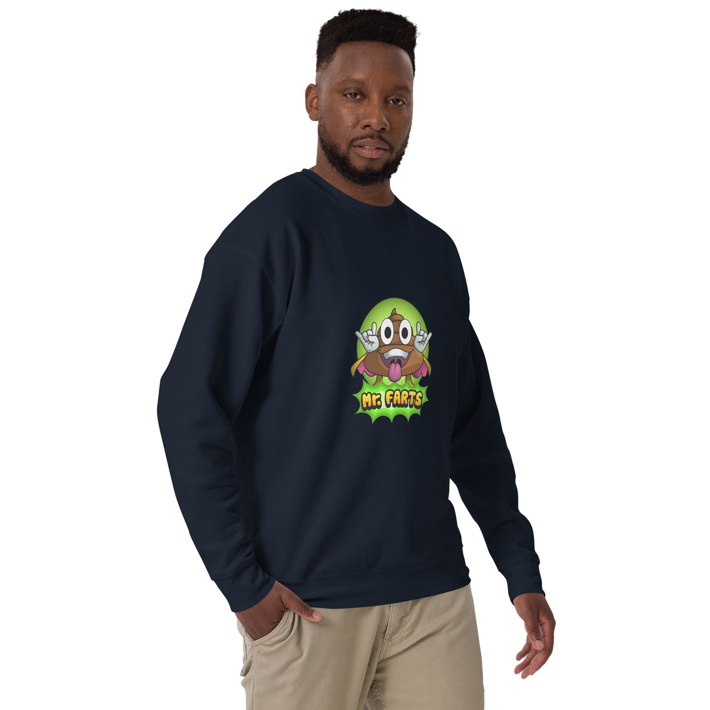 Right angle of Mr Farts sweatshirt in navy