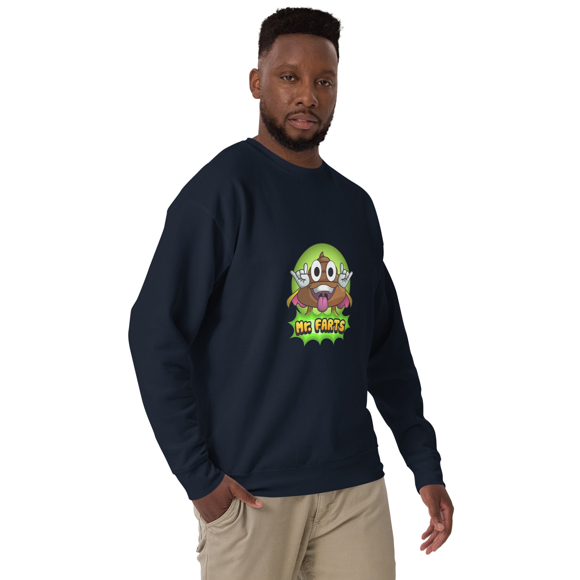 Right angle of Mr Farts sweatshirt in navy