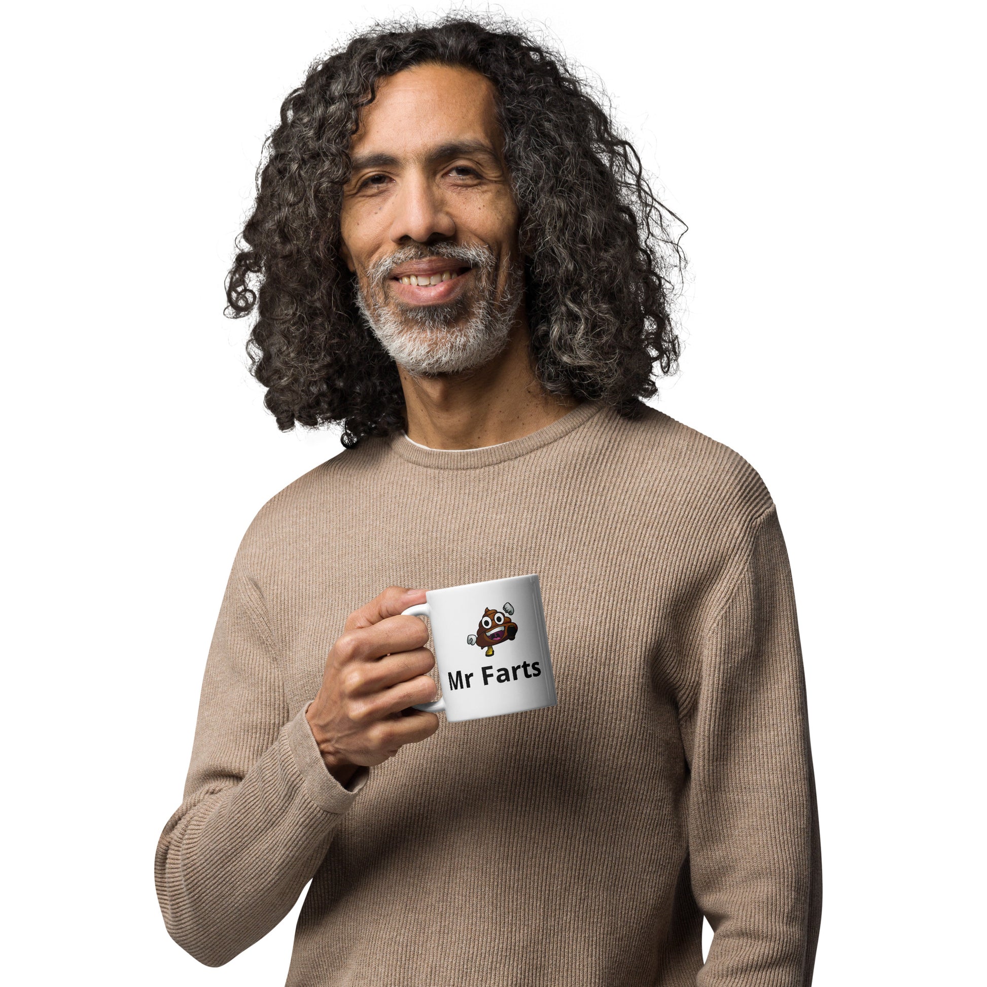 Close up of glossy Mr Farts coffee mug with bold print