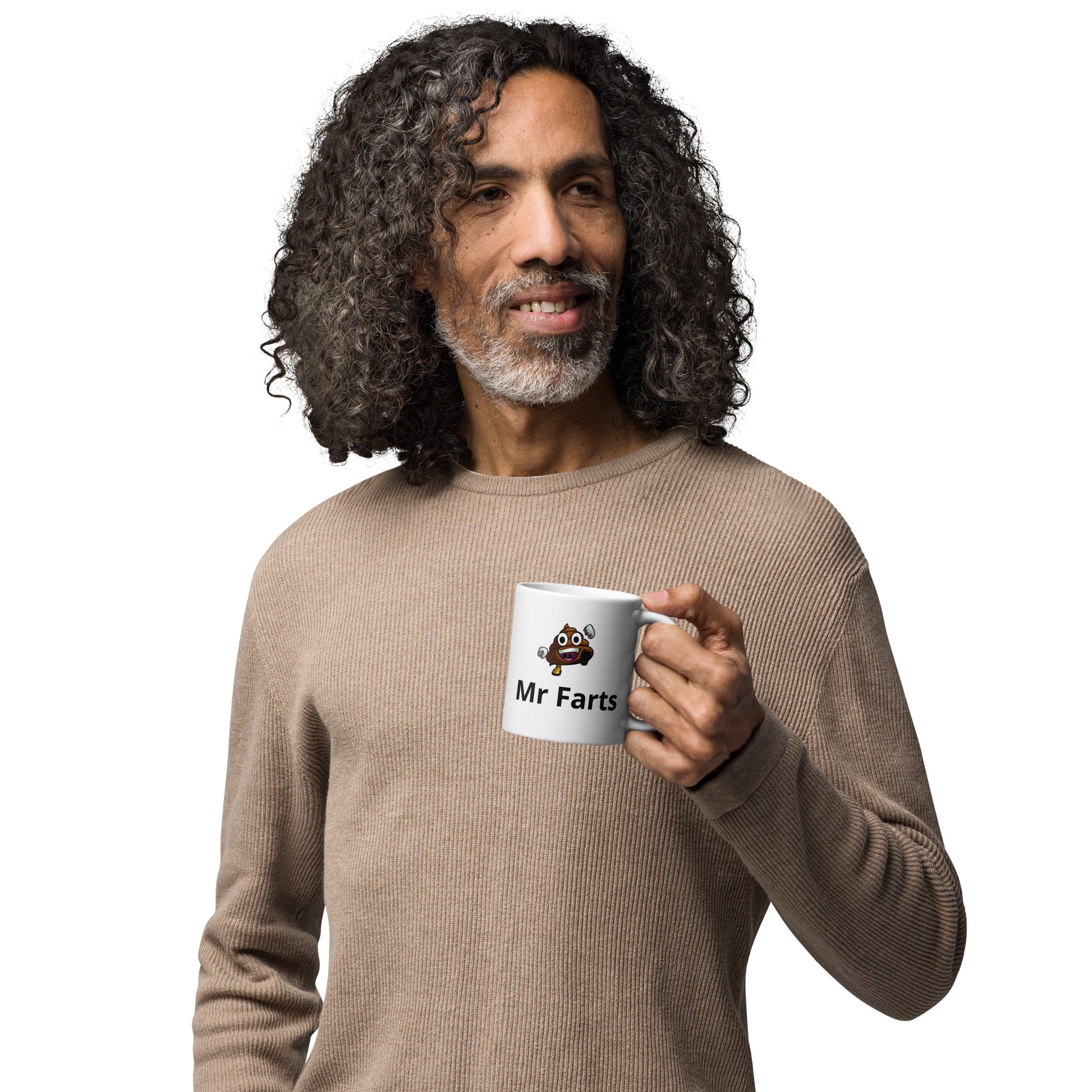 Mr Farts ceramic mug with cartoon face and logo on white background