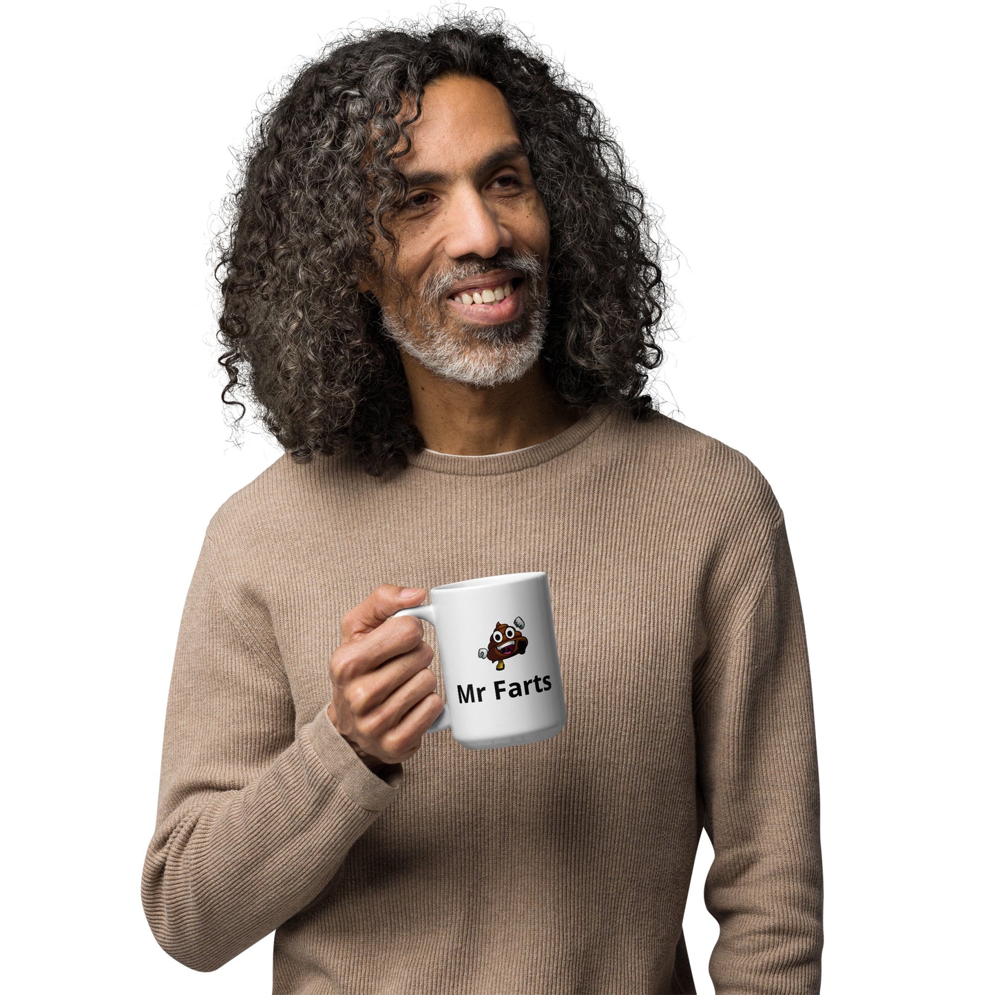 Adult sized Mr Farts mug in man's hand looking happy 
