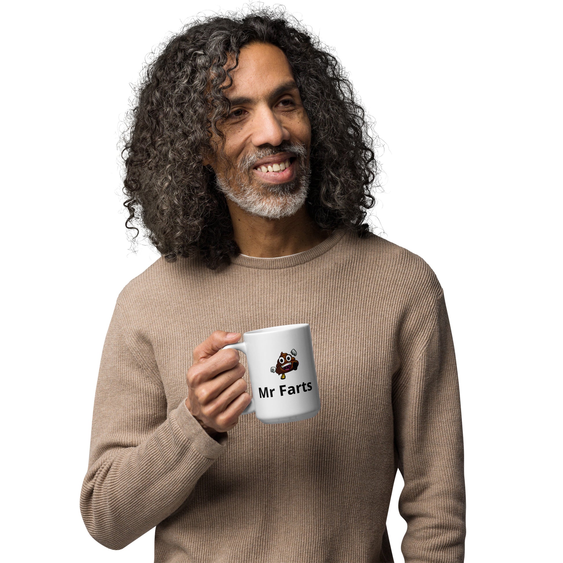 Adult sized Mr Farts mug in man's hand looking happy 