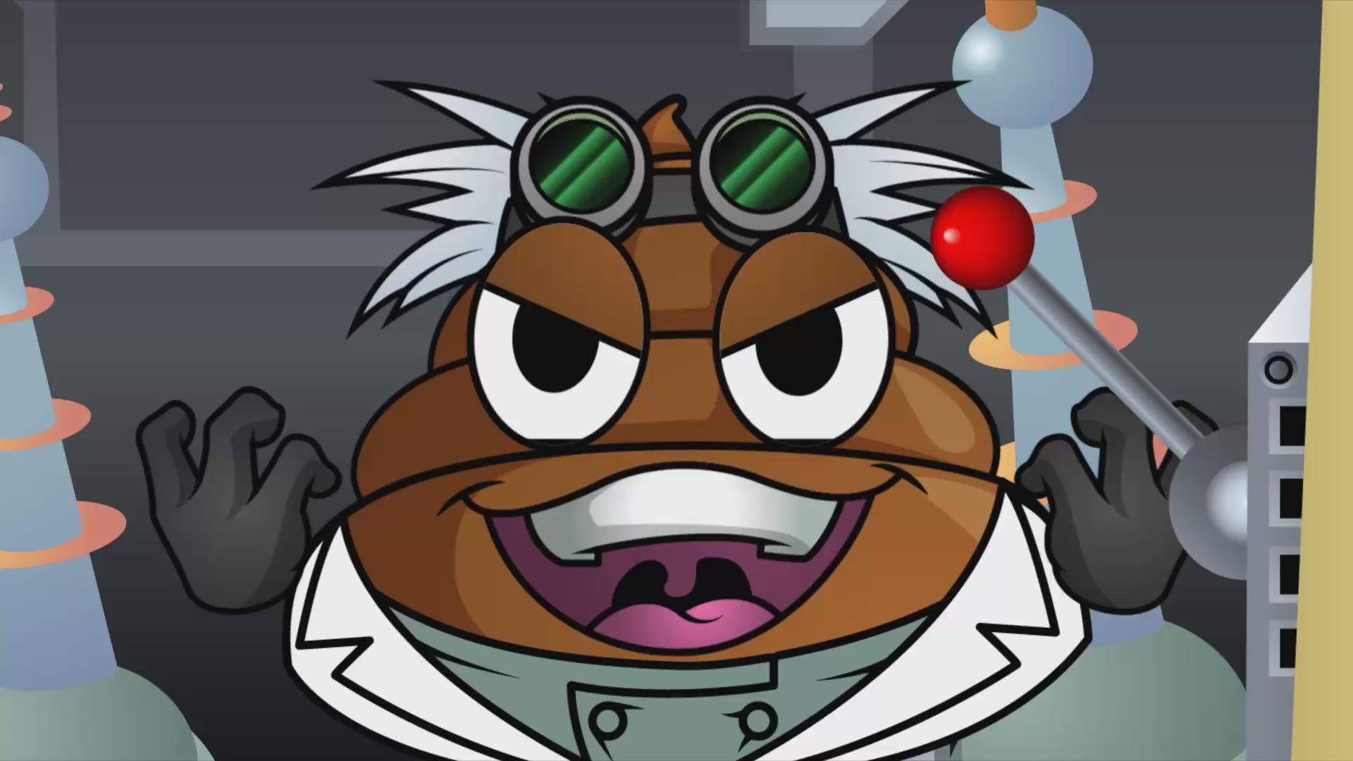 Mr farts creating fart putty in lab dressed as manic scientist, ends with Mr Farts successfully creating his Fart Putty.