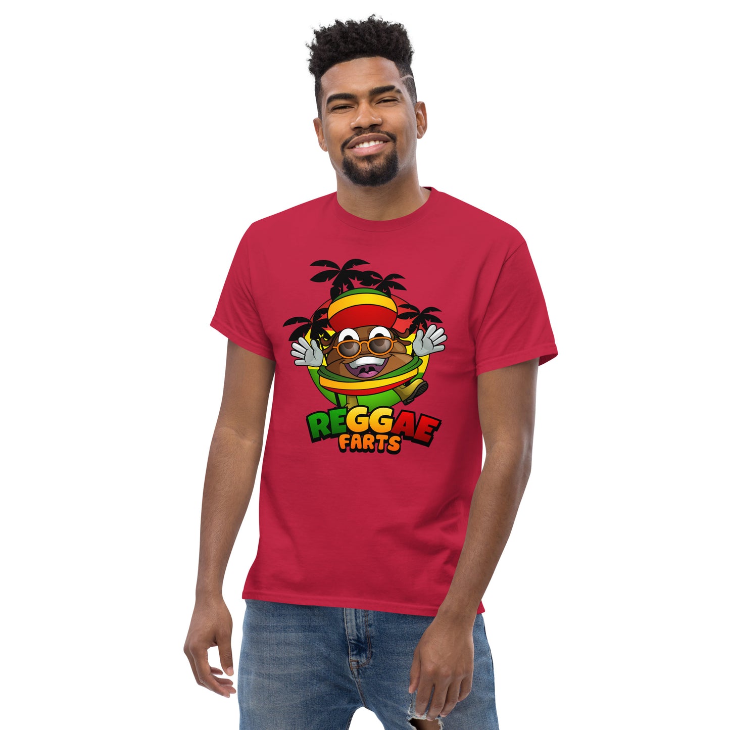 Model in red Reggae Farts tee