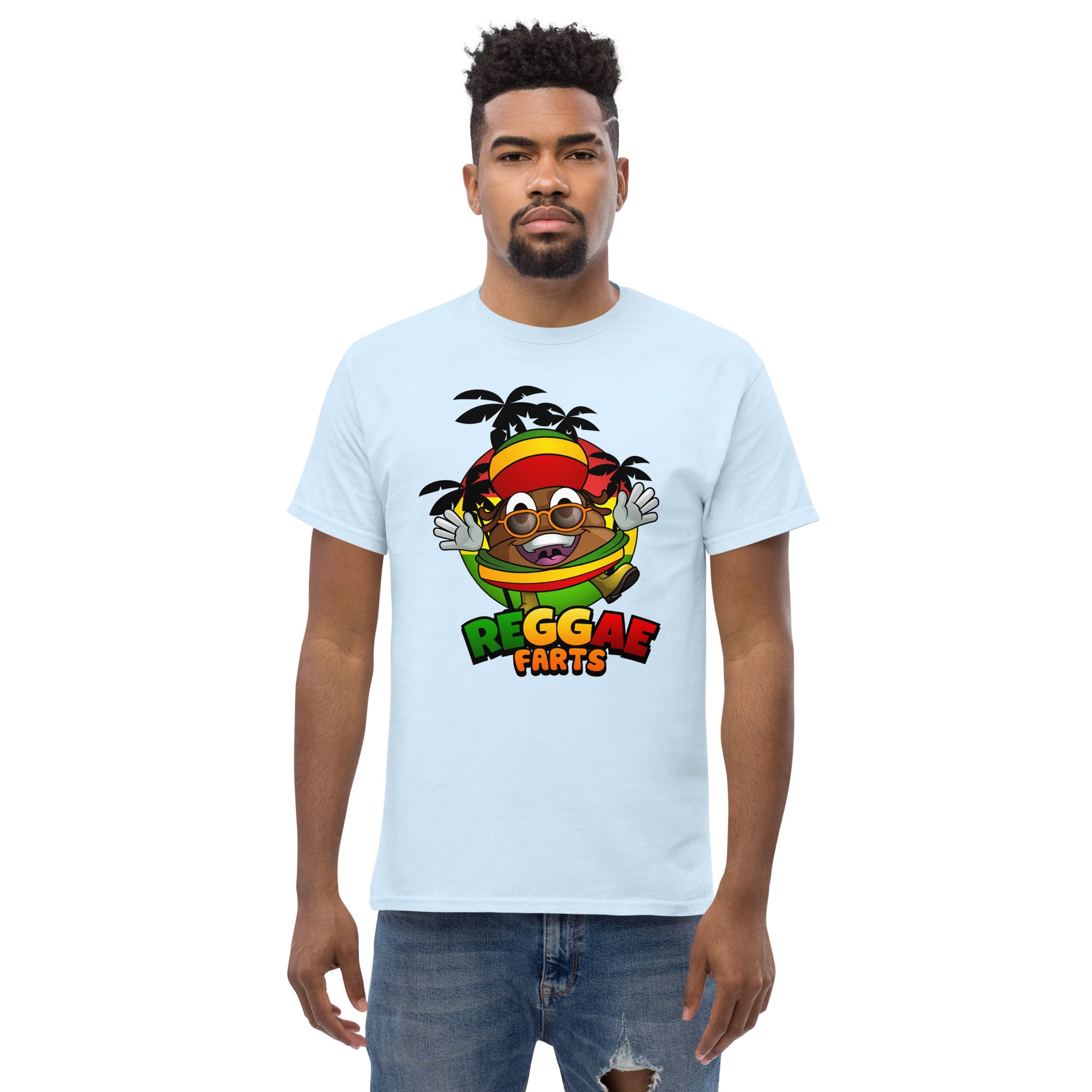 Mr Farts from Reggae Farts bold print on light blue t-shirt