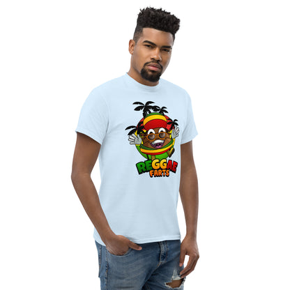 Mr Farts from Reggae Farts bold print on light blue t-shirt