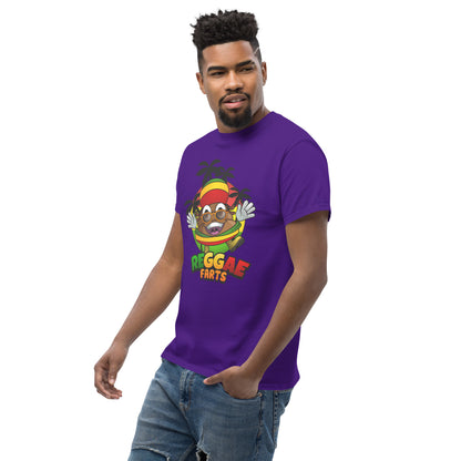 Side angle of model in purple reggae farts T-Shirt with bold print