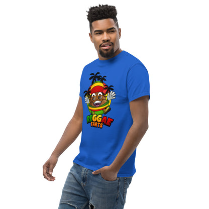 Side angle of model in blue reggae farts T-Shirt with bold print